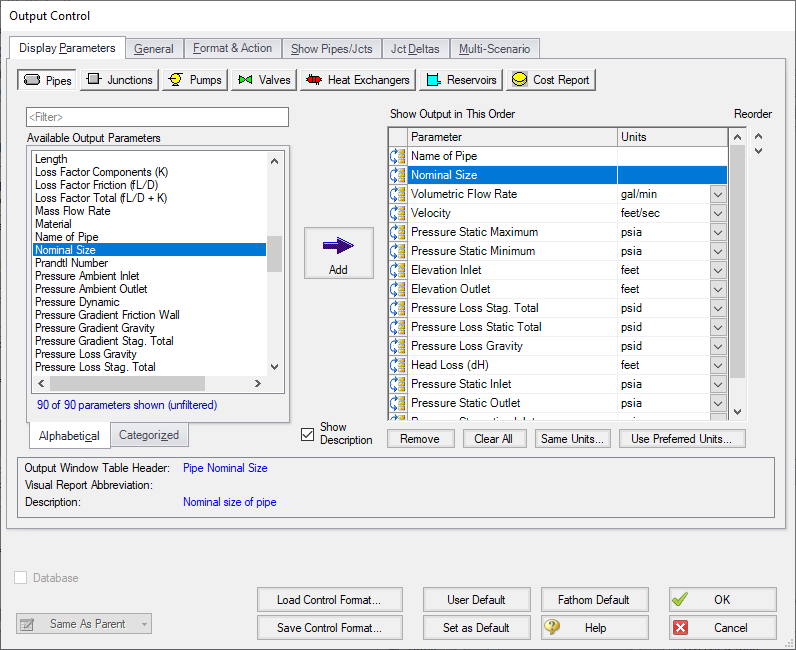 The Display Parameters tab of the Output Control window for pipes.